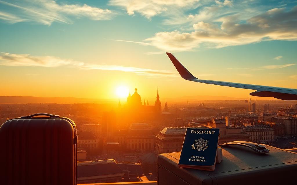 European city skyline at sunset seen from a plane, with suitcase and passport